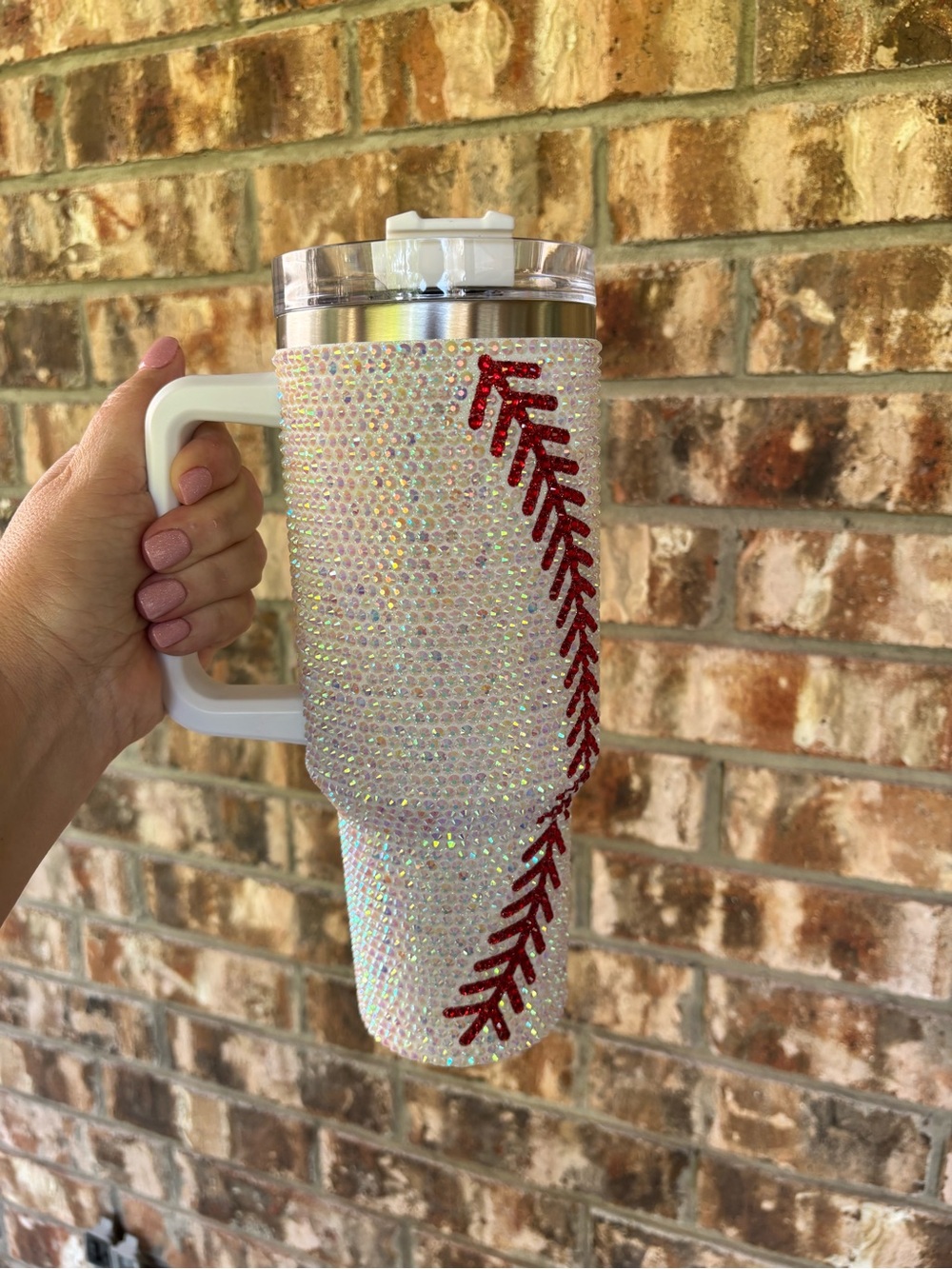 Rhinestone Red Stitch Baseball Tumbler Mug - White Handle